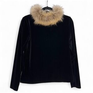 Double D Ranch Black‎ Velvet Long Sleeve Top Real Fur Collar Women's XS